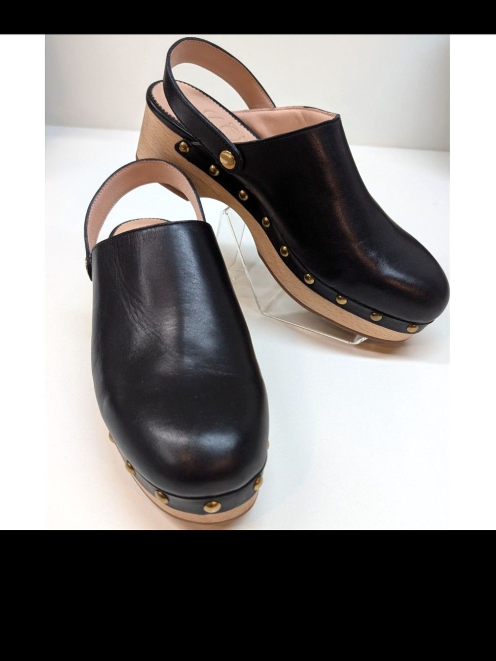 J. Crew Black Leather Slingback Clogs with Gold Studs